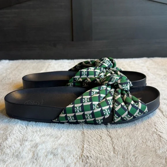 NEW Tory Burch Puffy Knotted Anatomic Slide Fabric Sandals in Geo Logo Green - Picture 5 of 9